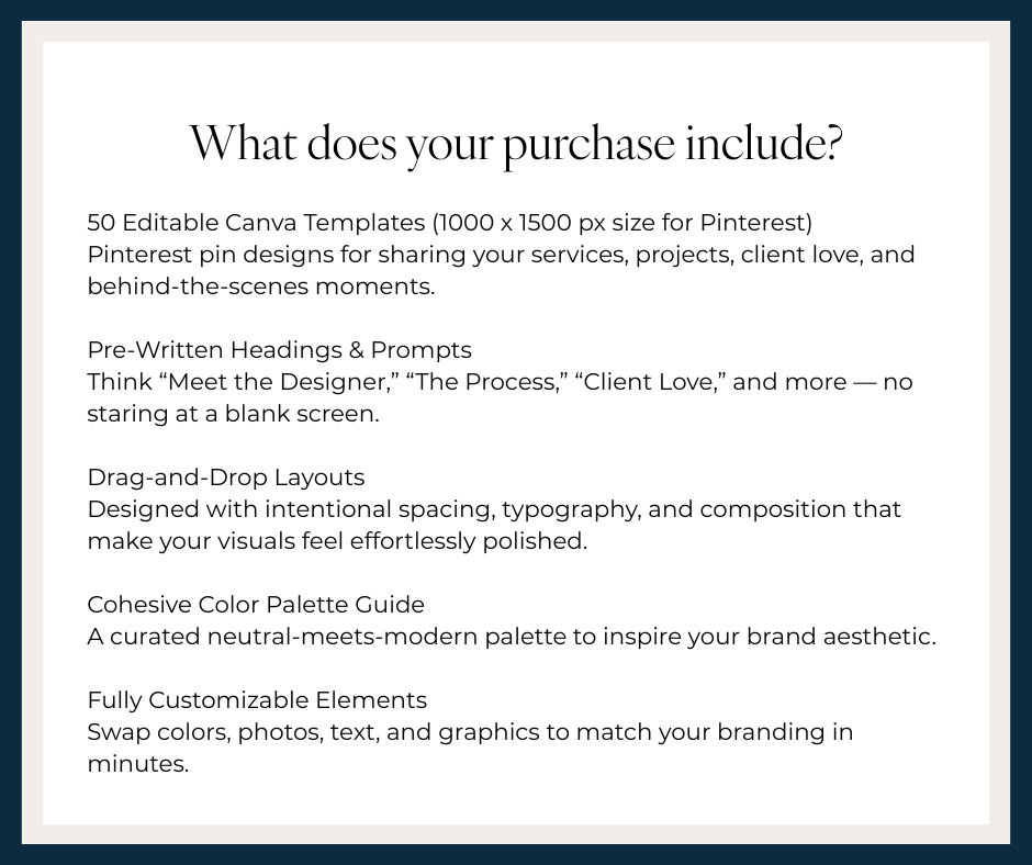 Text description of a product package including Canva templates, Pinterest pin designs, headings, prompts, layouts, color palette guide, and customizable elements.