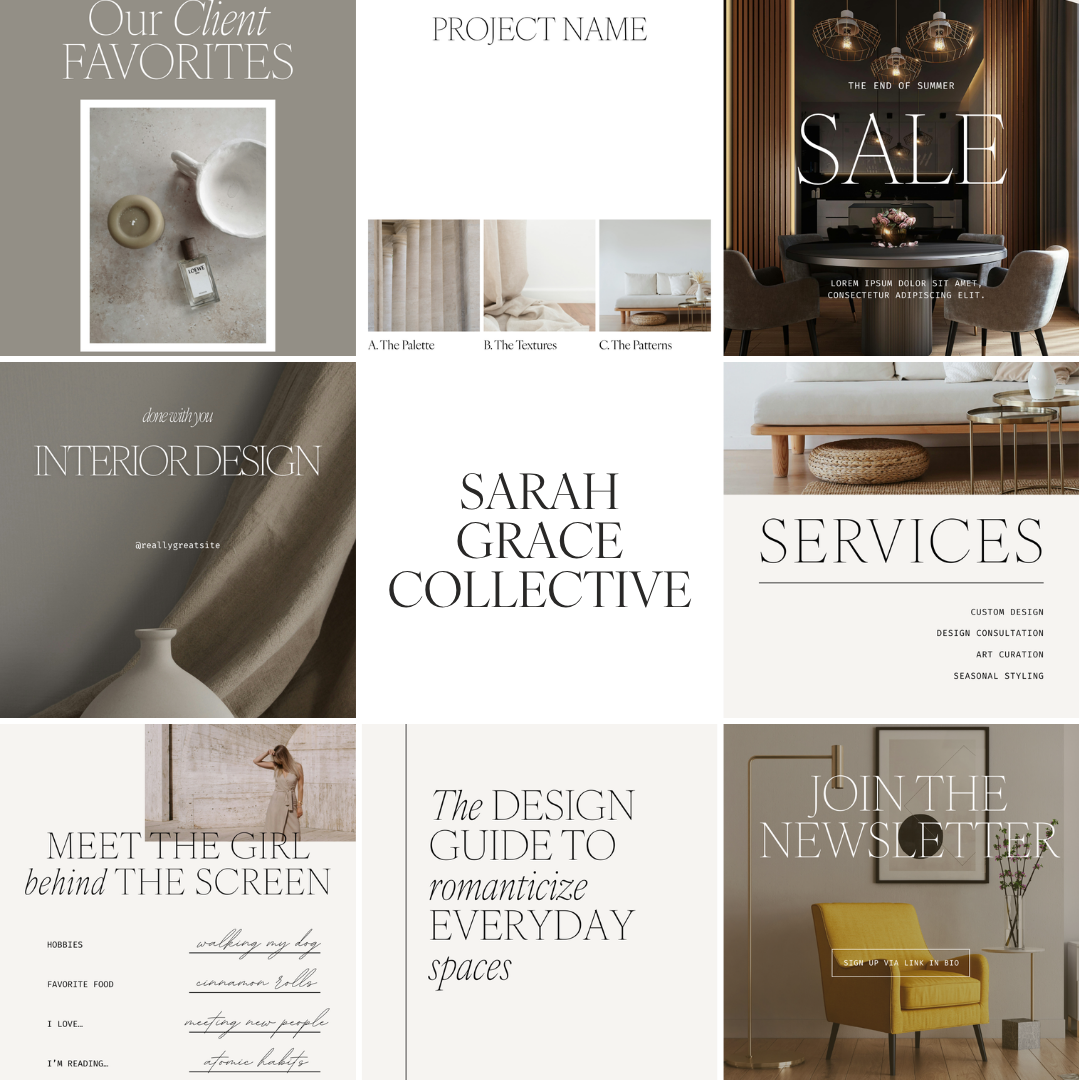Promotional collage for Sarah Grace Collective interior design services with images of home decor and furniture.